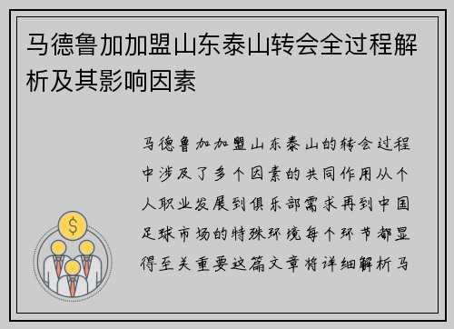 马德鲁加加盟山东泰山转会全过程解析及其影响因素