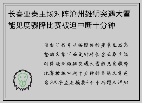 长春亚泰主场对阵沧州雄狮突遇大雪能见度骤降比赛被迫中断十分钟 长春亚泰主场对阵沧州雄狮突遇大雪能见度骤降比赛被迫中断十分钟